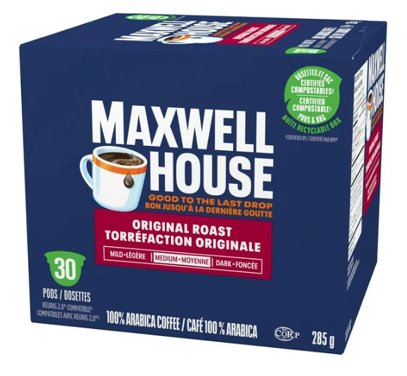 Maxwell House Original Roast Coffee Certified Compostable K-Cup Coffee Pods, 30 Pods, 285g
