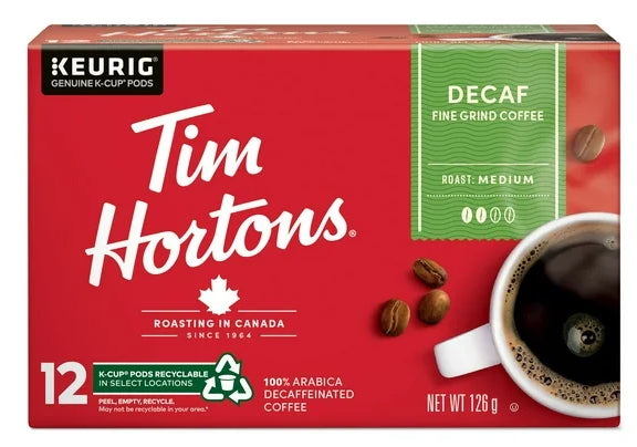 Tim Hortons Medium Roast Decaffeinated Coffee, 12ct, 126g