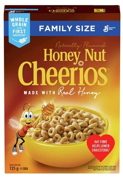 Canadian Honey Nut Cheerios Breakfast Cereal, Family Size, Whole Grains, 725g