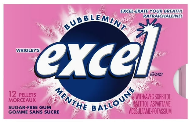 EXCEL, Bubblemint Flavored Sugar Free Chewing Gum, 12 Pieces, 1 Pack, 16.8g