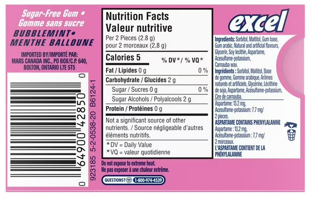 EXCEL, Bubblemint Flavored Sugar Free Chewing Gum, 12 Pieces, 1 Pack, 16.8g