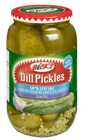 Bick's 50% Less Salt Garlic Whole Dill Pickles, 1L