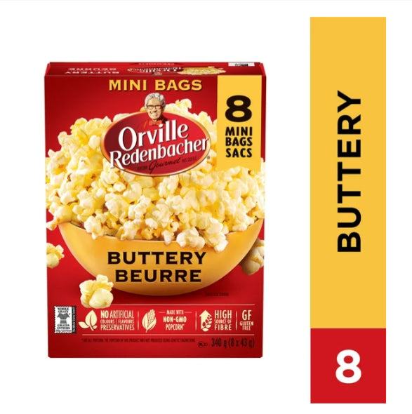 Orville Redenbacher Buttery Microwave Popcorn, Non-GMO, 8 x 43g,  340g