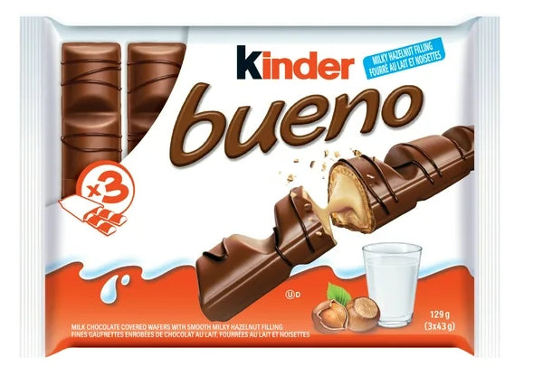 Kinder Bueno Milk Chocolate and Hazelnut Cream Candy Bars, 3 Pack, 129g