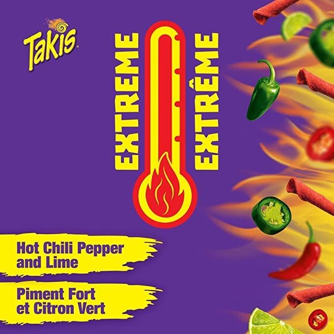 Takis Fuego Spicy Chili Pepper and Lime Rolled Tortilla Chips, 280g Each 4 Bags