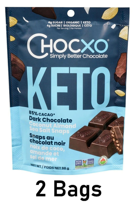 Chocxo Keto Dark Chocolate Coconut Almond & Sea Salt Snaps 98g Each 2 Bags