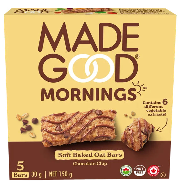 MadeGood Mornings Chocolate Chip Soft Baked Oat Bars 5 x 30g