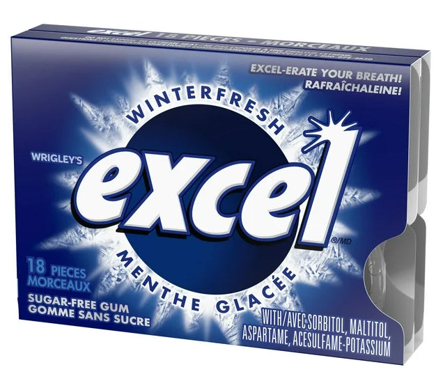 EXCEL, Winterfresh Flavored Sugar Free Chewing Gum, 18 Pieces, 3 Packs, 25g