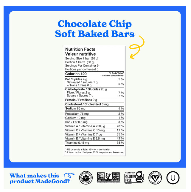 MadeGood Mornings Chocolate Chip Soft Baked Oat Bars 5 x 30g