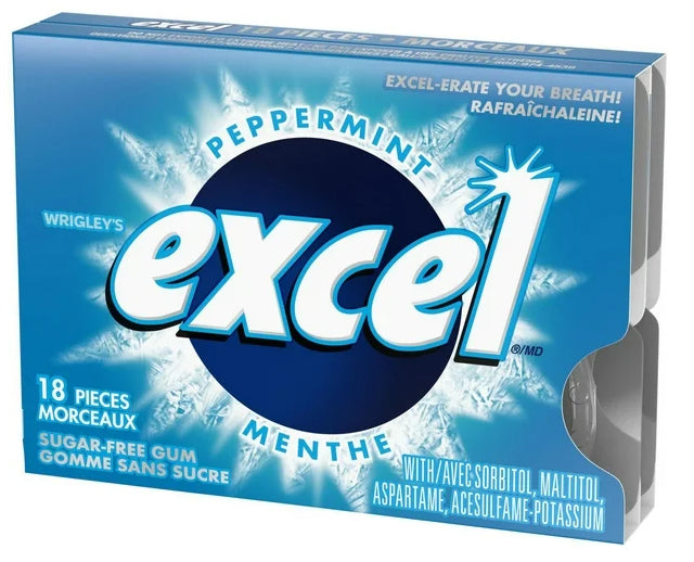 EXCEL, Peppermint Flavored Sugar Free Chewing Gum, 18 Pieces, 3 Packs, 25g