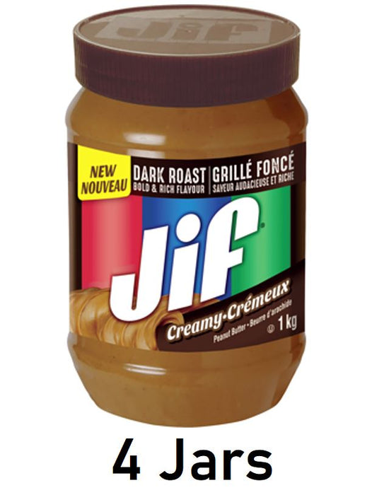 Jif Dark Roast Bold and Rich Flavor Creamy Peanut Butter 1Kg/2.2Lbs Each 4 Jars