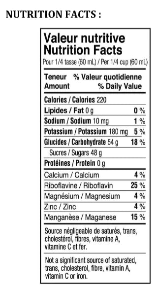 Pure Canadian Amber Maple Syrup nutrition facts